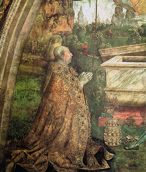 Detail eines Freskos von Pinturicchio aus den Jahren 1492-1494, Auferstehung, das Papst Alexander VI. (aus dem Hause Borgia) beim Gebet zeigt