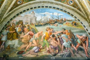 Die Seeschlacht von Ostia. Das Fresko aus dem 16. Jahrhundert in einem der Räume von Raffael (Stanze di Raffaello) im Vatikanischen Museum.